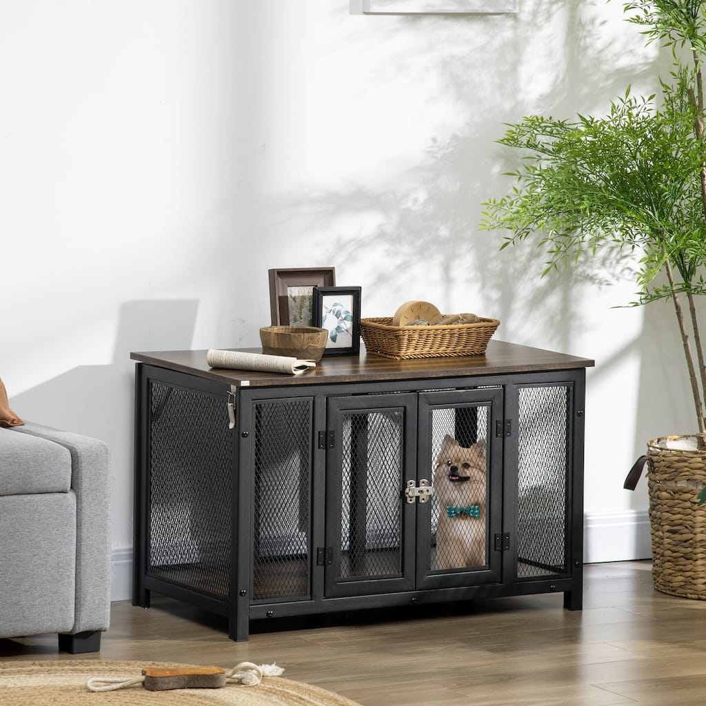 Brown and Midnight Black Dog Crate Side Table with Openable Top Spacious Interior and Heavy Duty Tabletop