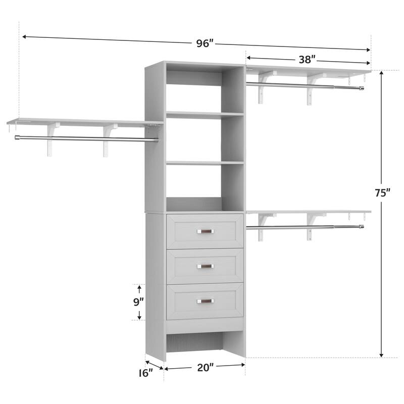 96'' Adjustable Closet Organizer with Drawers, Closet System with Hanging Rods and Storage Shelves