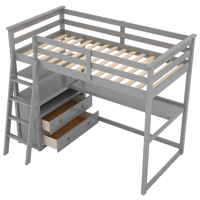 Loft Bed with Desk and Shelves, Two Built-in Drawers