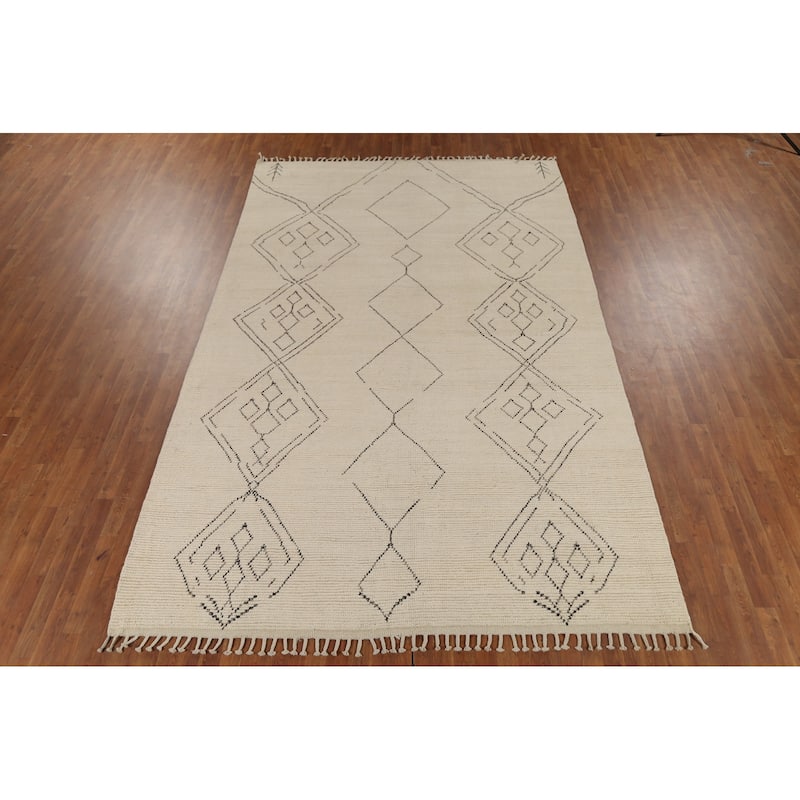 Moroccan Area Rug Handmade Beige Geometric Wool Carpet - 7'10"x 12'9"