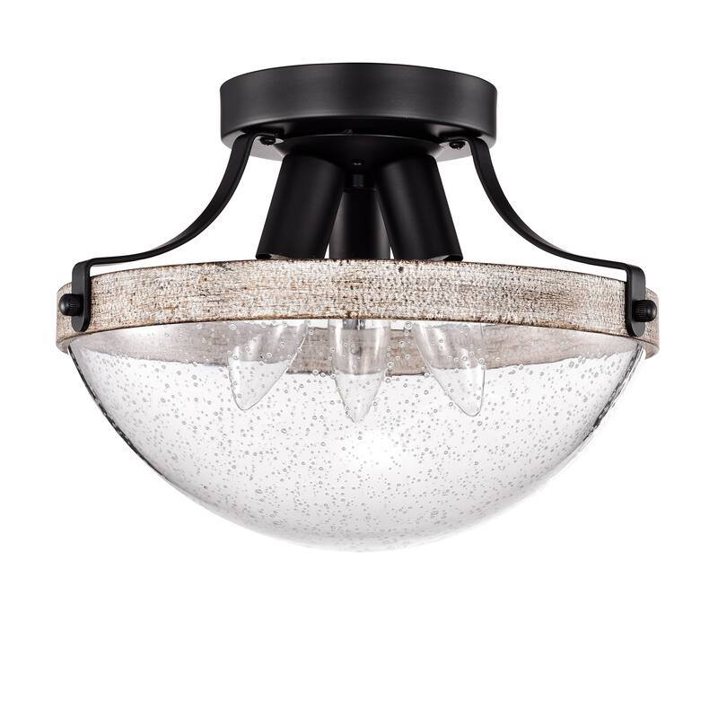 Aimie Matte Black+Wood Grain 3-Light Metal & Glass Bowl Shade Semi-Flush Mount