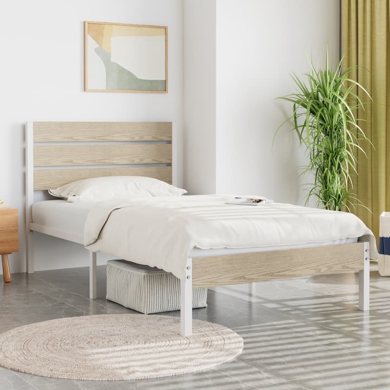 VECELO Industrial Wood Bed Frame with Headboard, Twin Size Beds/Full Size Beds/Queen Size Beds - Oak - Twin