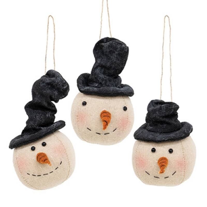 Set of 3 Beige-Black Canvas Snowman Head Ornament with Twine Hanger - 2.50 x 2.50 x 3.50 in. - Beige/Black