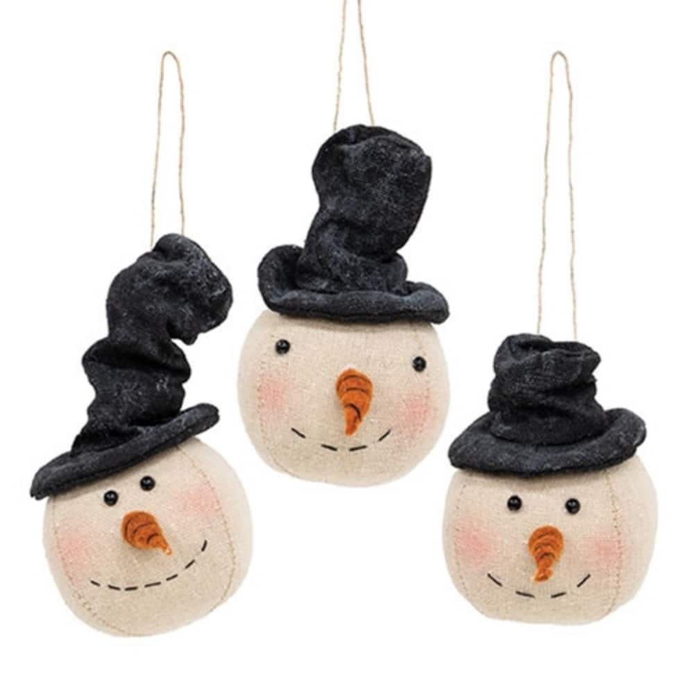 Set of 3 Beige-Black Canvas Snowman Head Ornament with Twine Hanger - 2.50 x 2.50 x 3.50 in.