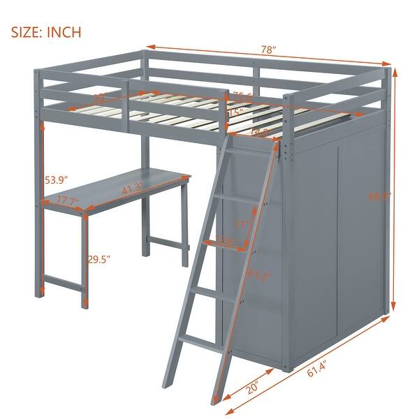 dimension image slide 1 of 2, Twin Loft Bed with Wardrobe and Desk