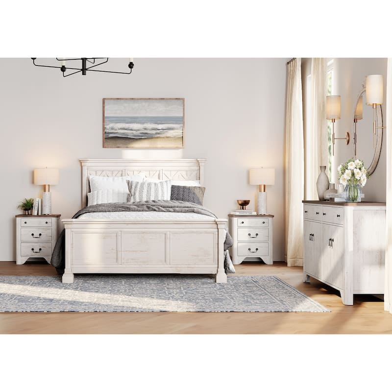 WAMPAT Farmhouse 3PCS Bedroom Set, 59" W Large Sideboard Buffet Cabinet,and Wood Nightstands Set of 2 with Charging Station - White