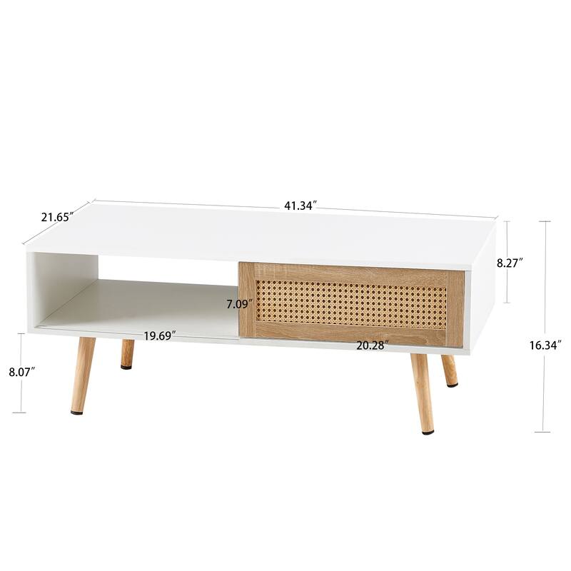 Rattan Coffee Table Modern Living Room Table with Sliding Rattan Door Panel Solid Wood Legs, for Living Room