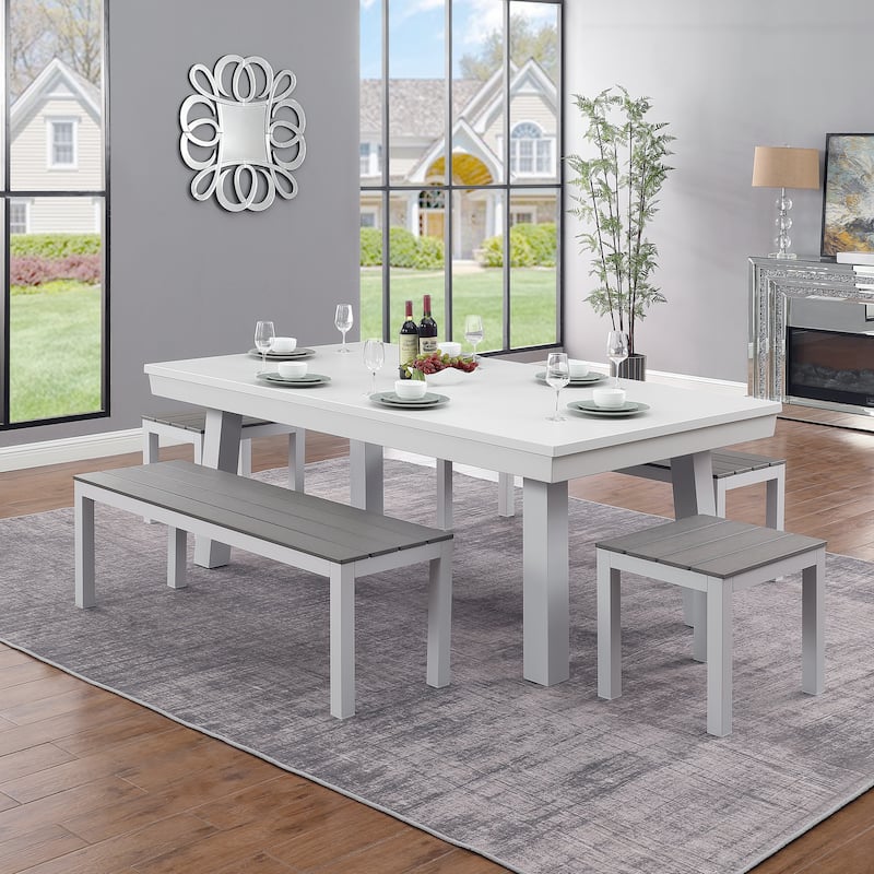 Newport Outdoor Patio 7ft Slate Pool Table 6-Seater Dining Set with 4 Benches & Accessories, White Finish