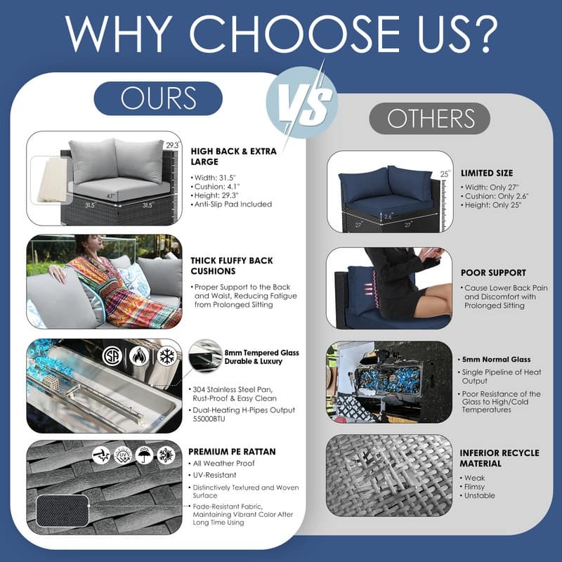 FINCATI 10-piece High Back Oversized Patio Furniture Conversation Set Outdoor Sectional Sofa with Fire Pit Table