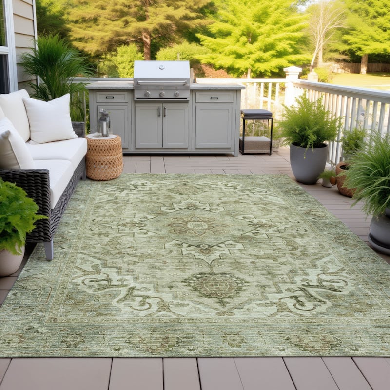 Machine Washable Indoor/Outdoor Traditional Vintage Chantille Rug - Sage - 10' x 14'