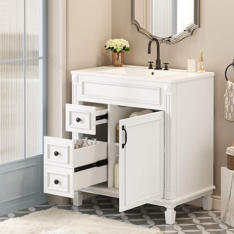 30" Bathroom Vanity With Ceramic Sink, Small Bathroom Sink Cabinet, Modern Cabinet With 2 Drawers And Adjustable Shelf