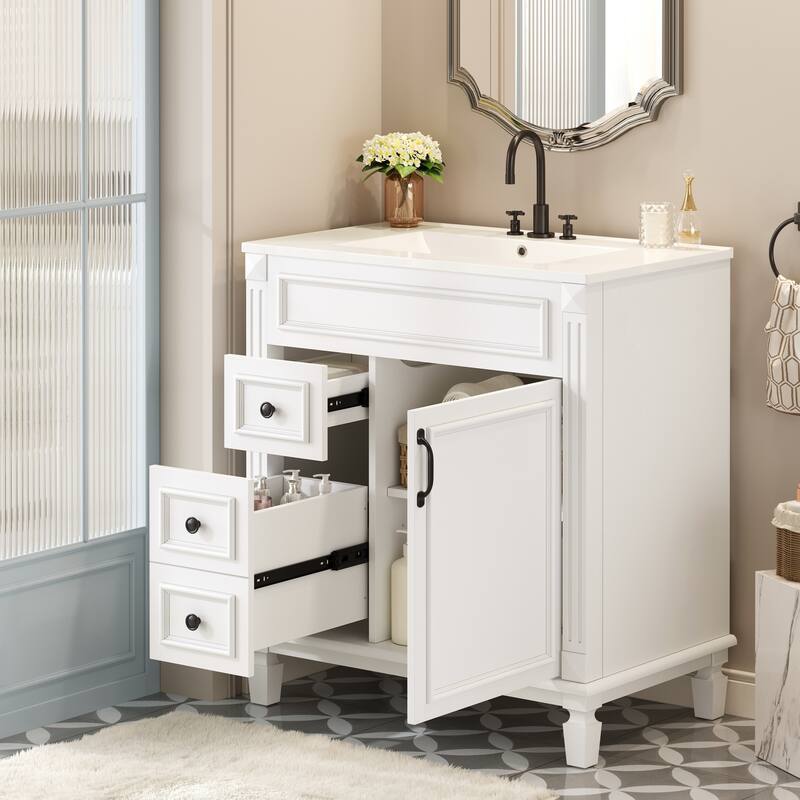 30" Bathroom Vanity with Ceramic Sink, Bathroom Storage Cabinet with 2 Drawers and Adjustable Shelf