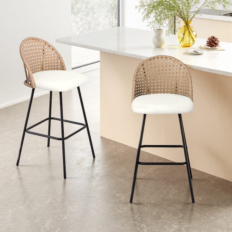 29" Upholstered Swivel Bar Stools with Rattan Back