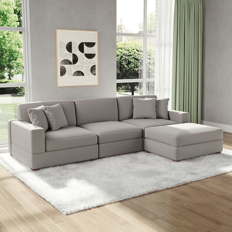 Modular Corduroy Sectional Sofa Set Chaise Couch with Ottoman