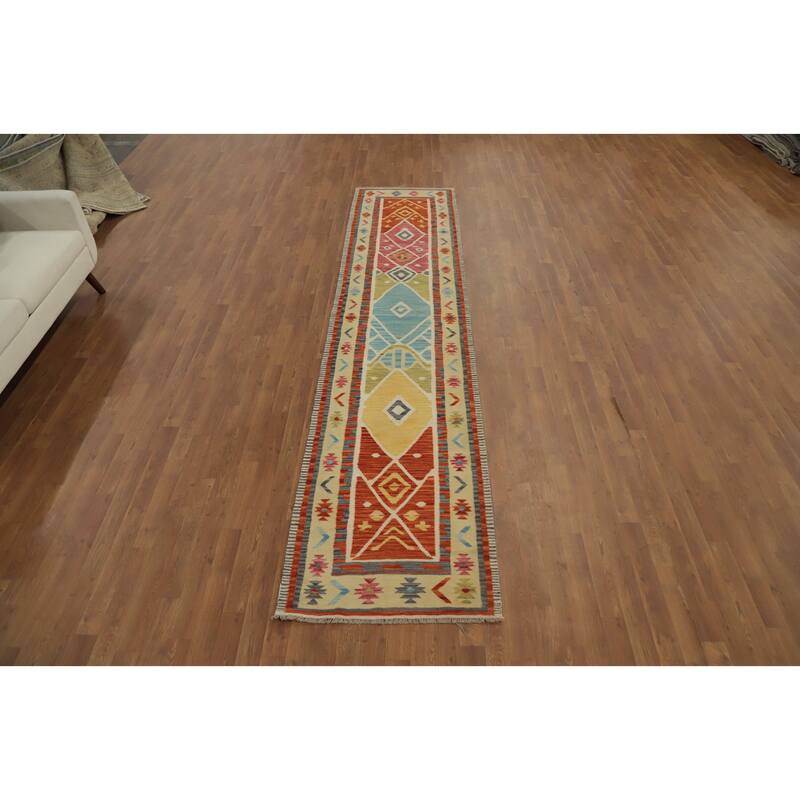 Hand Woven Oriental 100% Wool Carpet Southwestern Tribal Multi-Colored Kilim Runner Rug - 11' 8'' X 2' 8''