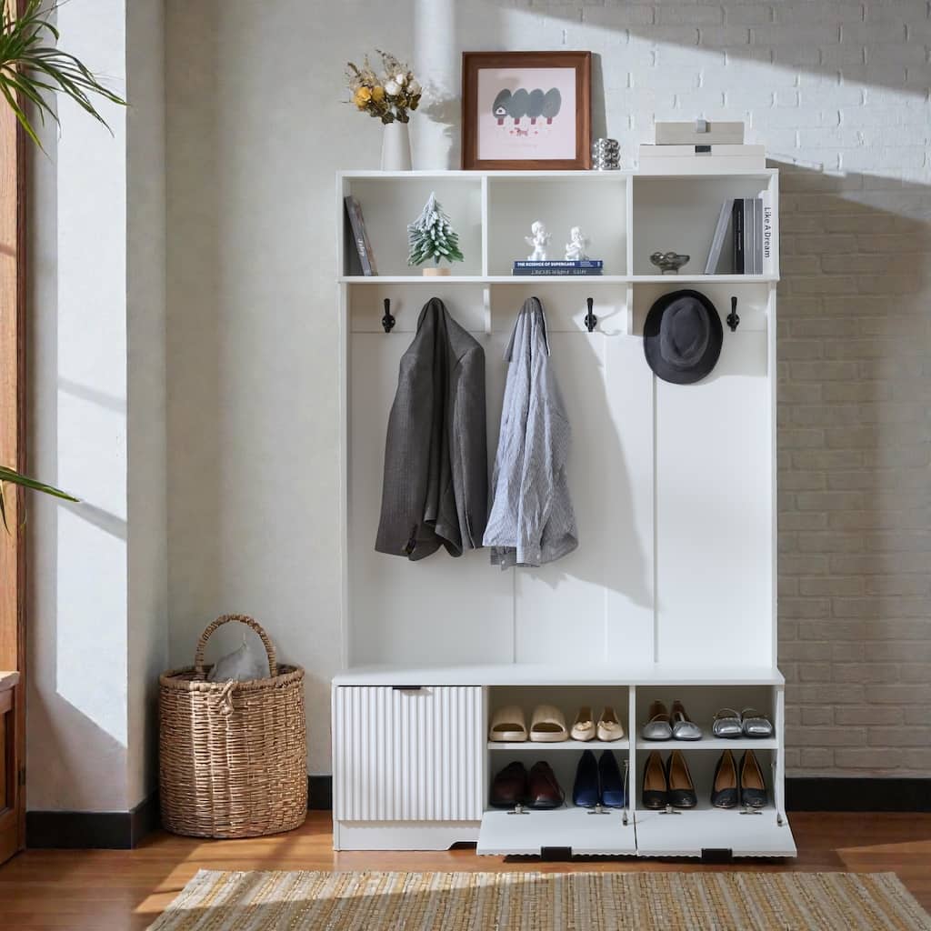 49.6 Inch Hall Tree with Bench and Shoe Storage. 5 in 1 Entryway Storage Cabinet with Hooks and Shelves