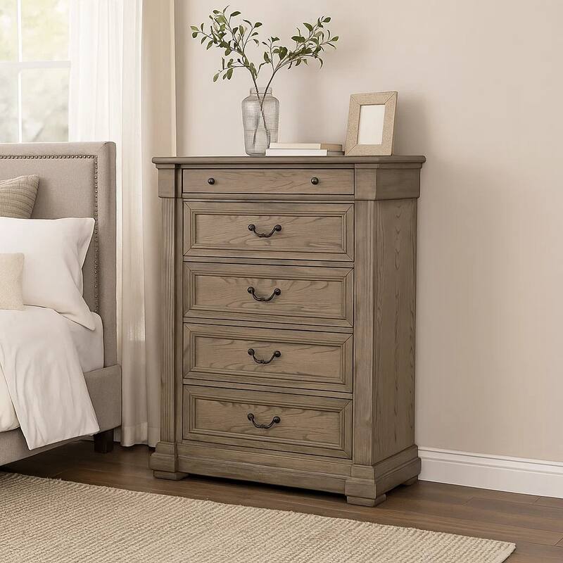 Roi Tall Dresser Chest, 5 Drawers Metal Handles, Weathered Gray