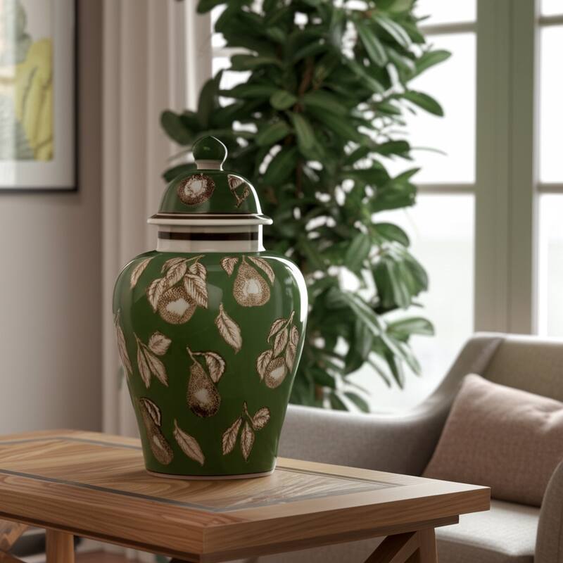 Ceramic Temple Jar Modern Pear Twigs Chinoiserie Design with Lid