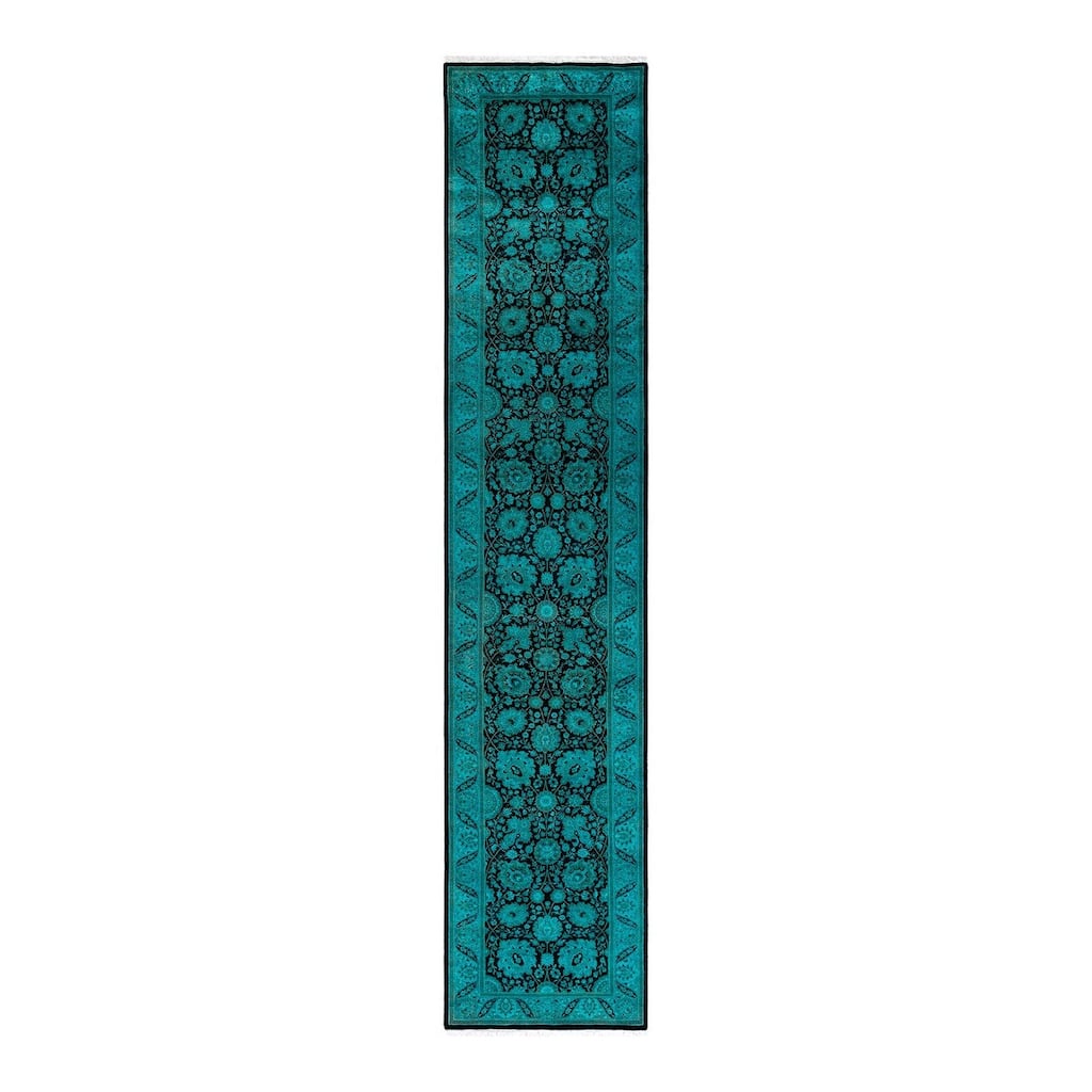 Overton Hand Knotted Wool Vintage Inspired Modern Contemporary Overdyed Blue Runner Rug - 2' 7" x 12' 8"
