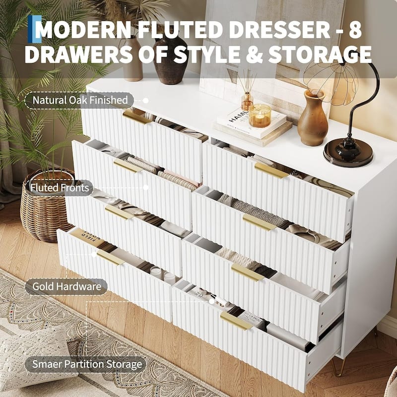 55" Wide Modern Fluted Dresser for Bedroom with 8 Drawers