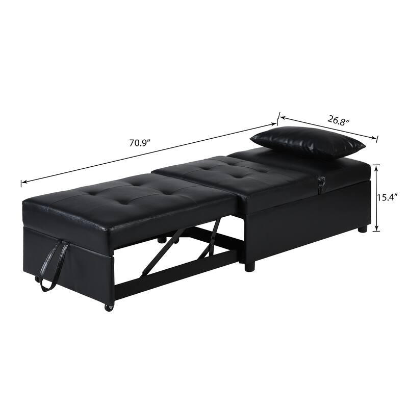 Black 39.8" Folding Ottoman Sofa Bed with Adjustable Back, Pillows for Living Room