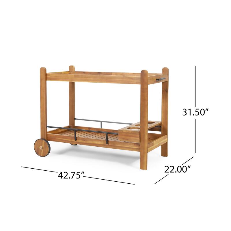 Roomfitters Outdoor Wooden Rolling Bar Cart with Wine Glass Holders and Storage Shelves, Natural Wood