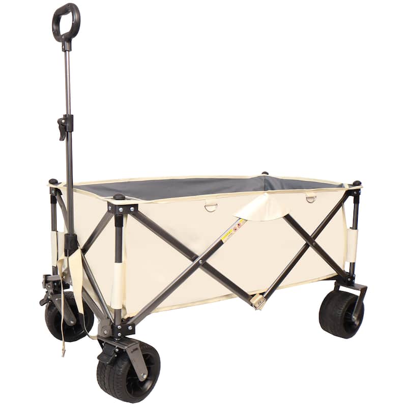 Heavy Duty Folding Beach Wagon - Utility Cart with Big Wheels & Adjustable Handle, Includes Drink Holders