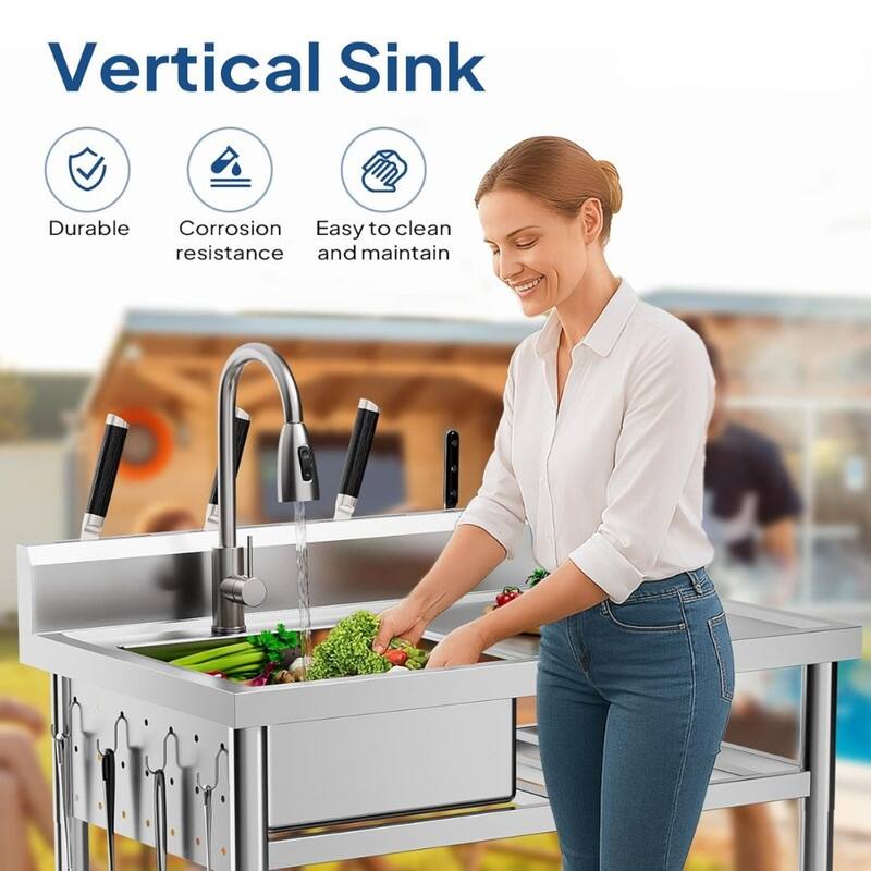 39 In. Freestanding Stainless Steel Single Bowl Kitchen Sink In Silver With Shelves And Hanging Hooks - N/A