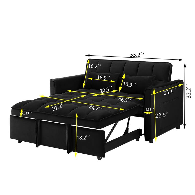 3-in-1 Modern Convertible Velvet Double Futon Sofa Bed with 2 Pillows
