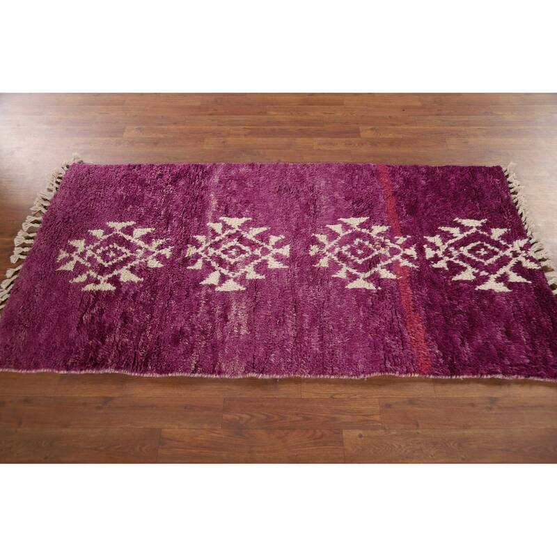 Purple Plush Moroccan Accent Rug Hand-Knotted Wool Carpet - 3'0" x 5'5"