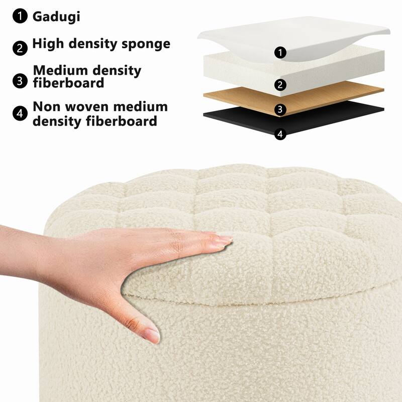 Modern Button Tufted Accent Storage Ottoman, Small Upholstered Circle Pouf Footstool with Removable Lid Storage Ottoman