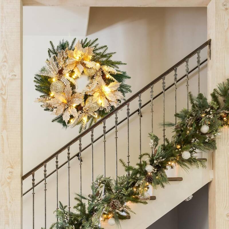 24 Inch Gold Christmas Wreath with Light Artificial Flowers Leaves