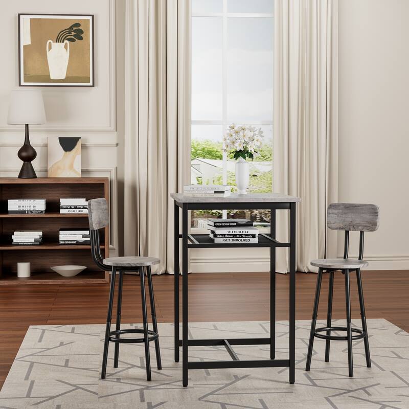 Grey 3-Piece Counter Height Table & Chairs Set with 2 Foldable Stools, Chic Bar Stools with Non-Slip Feet