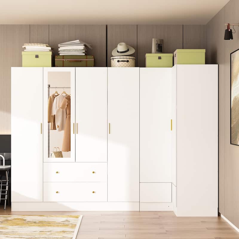 4 Door Wardrobe Large Storage Cabinet Armoire with Mirror and 2 Drawer