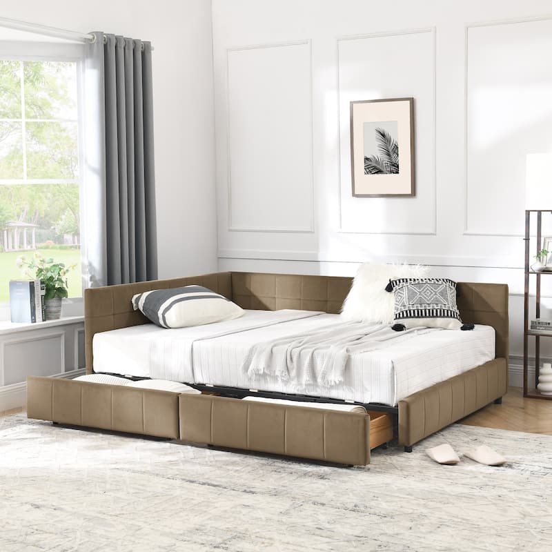 Full Size Mid-Century Velvet Upholstered Daybed with Storage Drawers, Wood Frame, Comfortable Backrest and Armrest