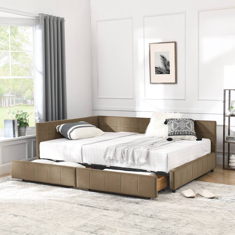 L-shaped Velvet Upholstered Daybed Tufted Sofa Bed with Soft Backrest Armrests - and Optional Corner Storage Day Bed