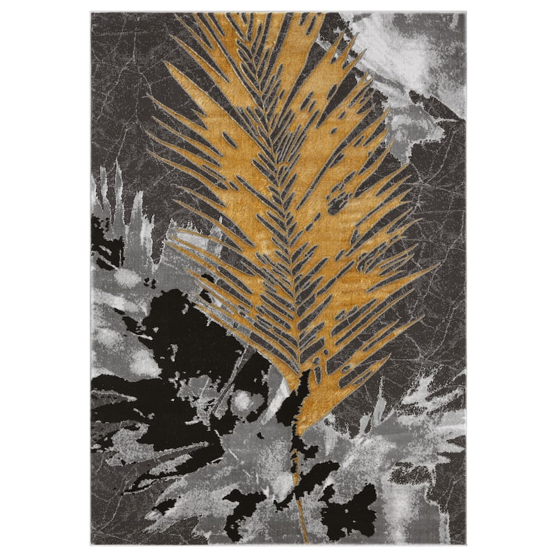 Mila Collection Botanical Dark Grey with Black and Gold Contemporary Area Rug