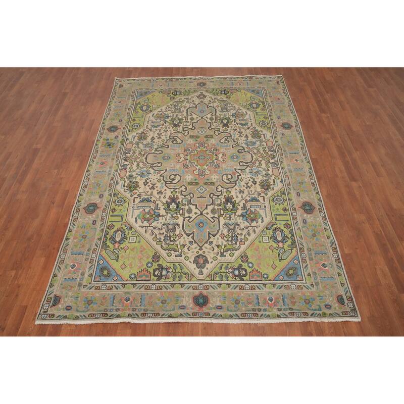 Hand Knotted Oriental 100% Wool Carpet Traditional Floral Beige & Ivories Tabriz Area Rug - 9' 7'' X 6' 7''