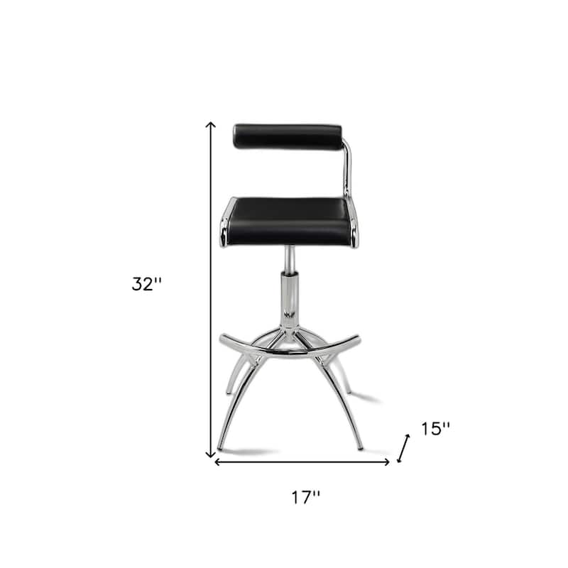 Set of Two Black And Silver Faux Leather And Metal Low Back Adjustable Height Bar Chairs