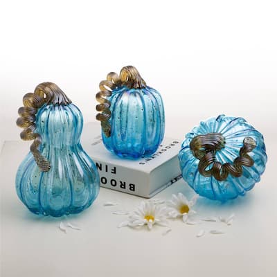 Glitzhome Fall Hand Blown Blue Glass Pumpkin Thanksgiving Table Decor