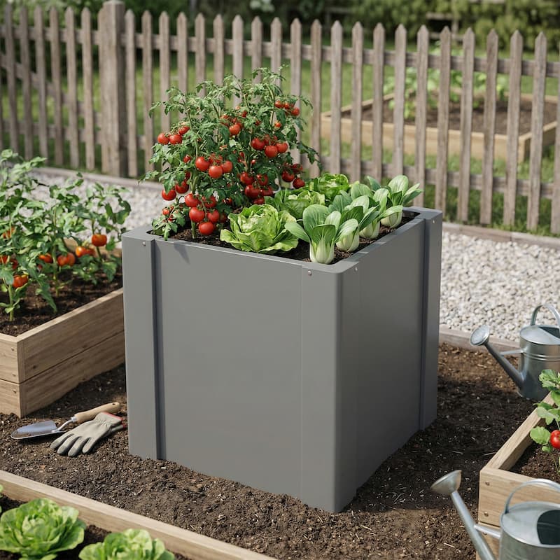 Outsunny Raised Garden Bed, Galvanized Planter Box Outdoor with Gloves for Gardening Vegetables, Flower, Herb - Grey