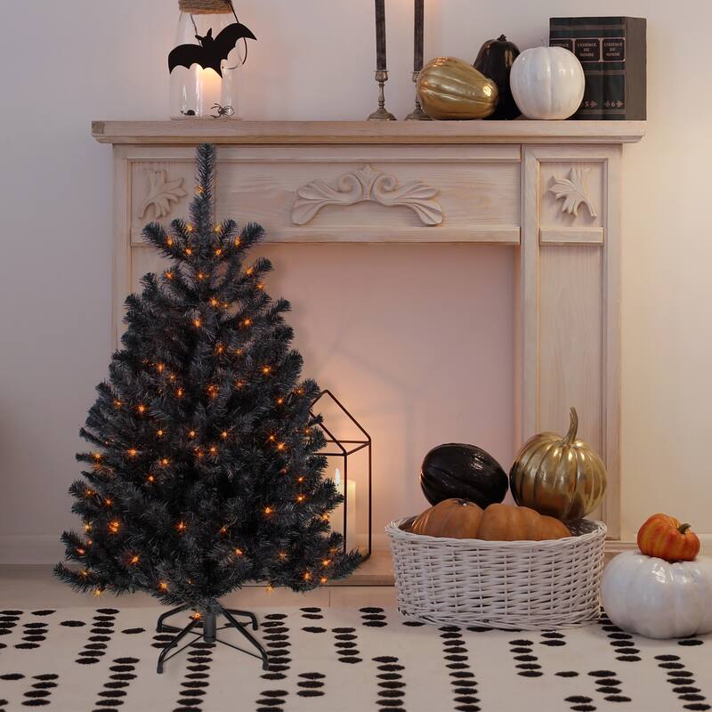 4ft Black Noble Spruce Artificial Halloween Tree, Orange Lights