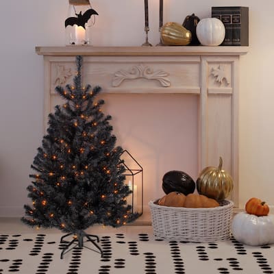 4ft Black Noble Spruce Artificial Halloween Tree, Orange Lights