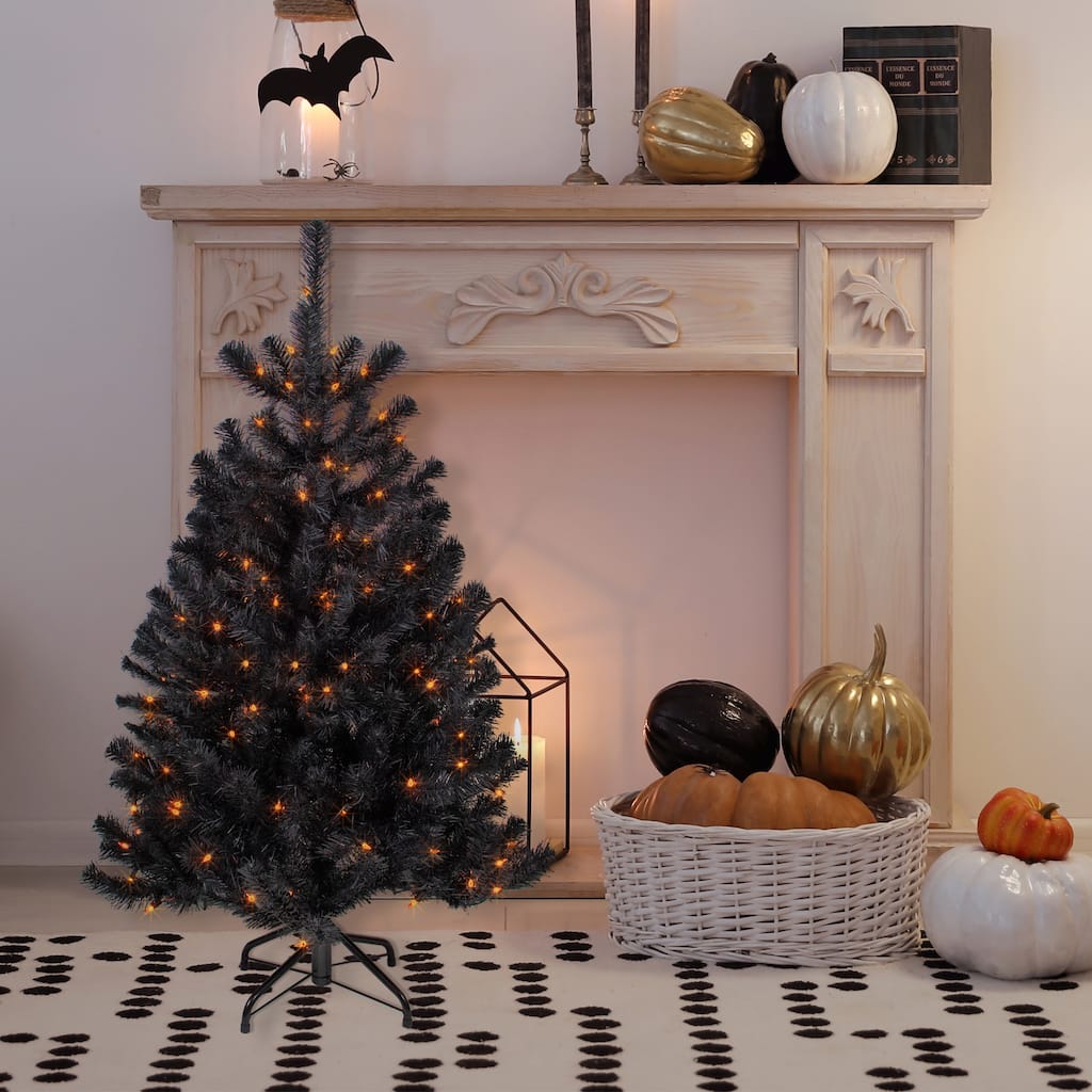 4ft Black Noble Spruce Artificial Halloween Tree, Orange Lights