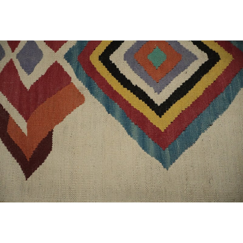 Hand Woven Oriental 100% Wool Carpet Southwestern Modern Beige & Ivories Kilim Area Rug - 12' 0'' X 5' 1''