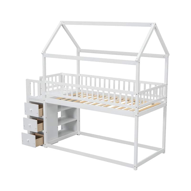 Twin/Twin House Bunk Bed with Shelves and Drawers