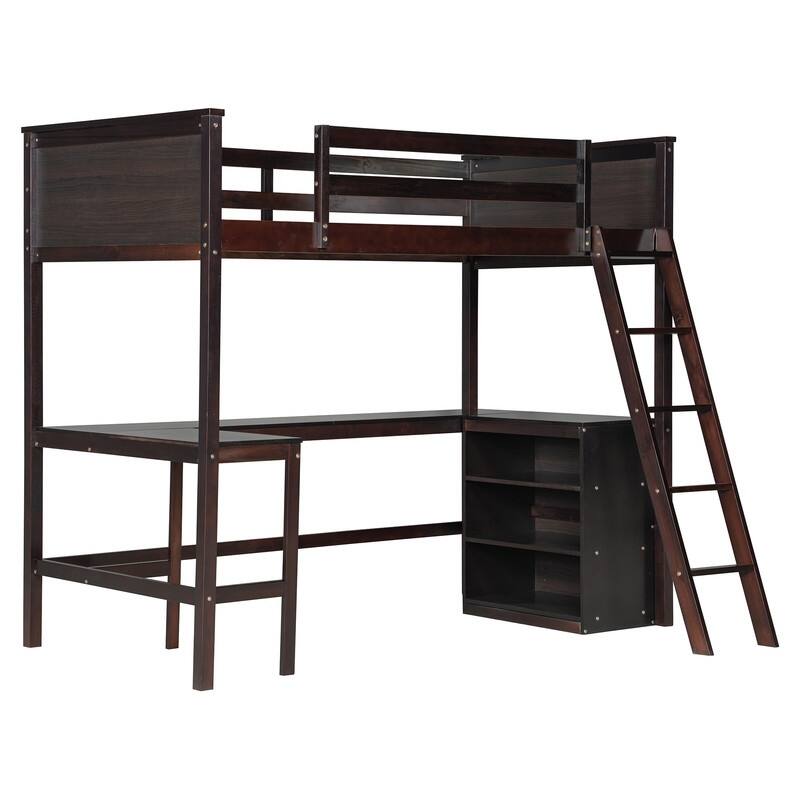 Twin size Loft Bed with Shelves and Desk, Wooden Loft Bed with Desk - Espresso
