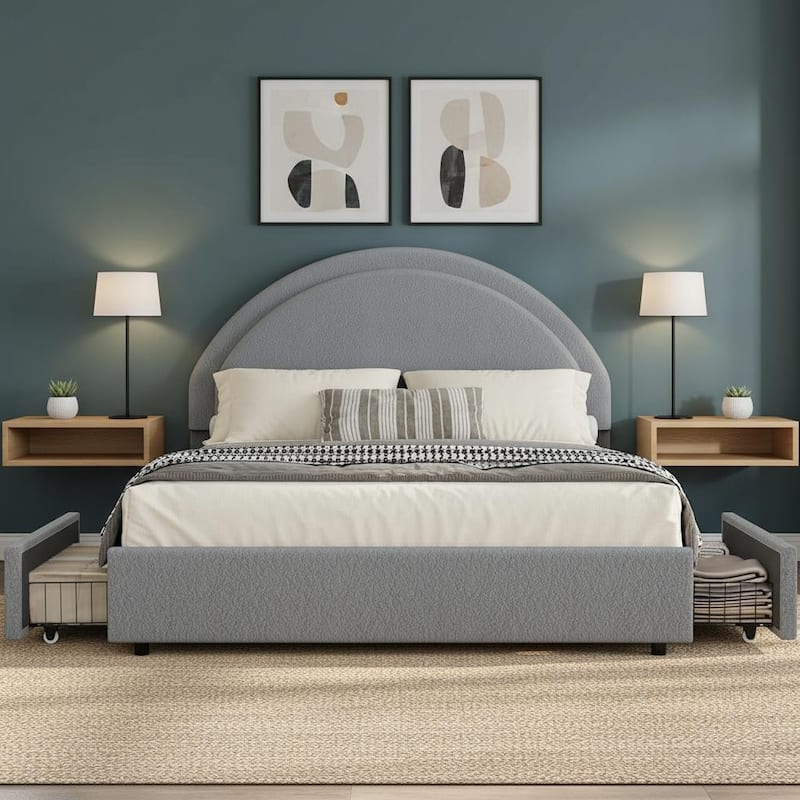 Boucle Upholstered Platform Bed Frame, with 2 Storage Drawers - Light Grey - Full