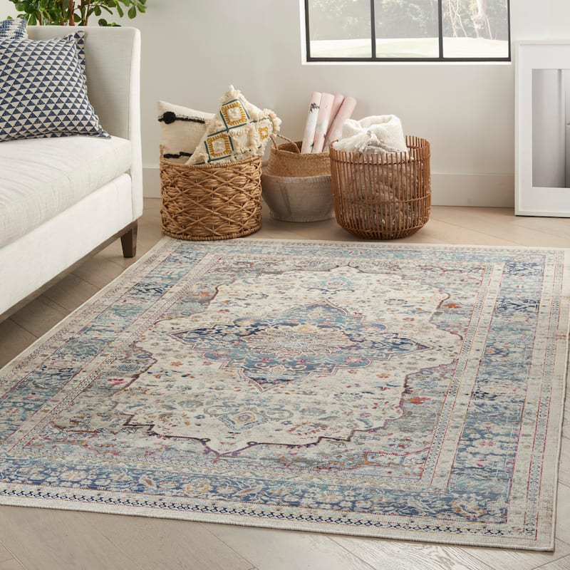 Nourison Vintage Kashan Persian Medallion Area Rug - 5'3" x 7'10" - Ivory Blue - Rectangle