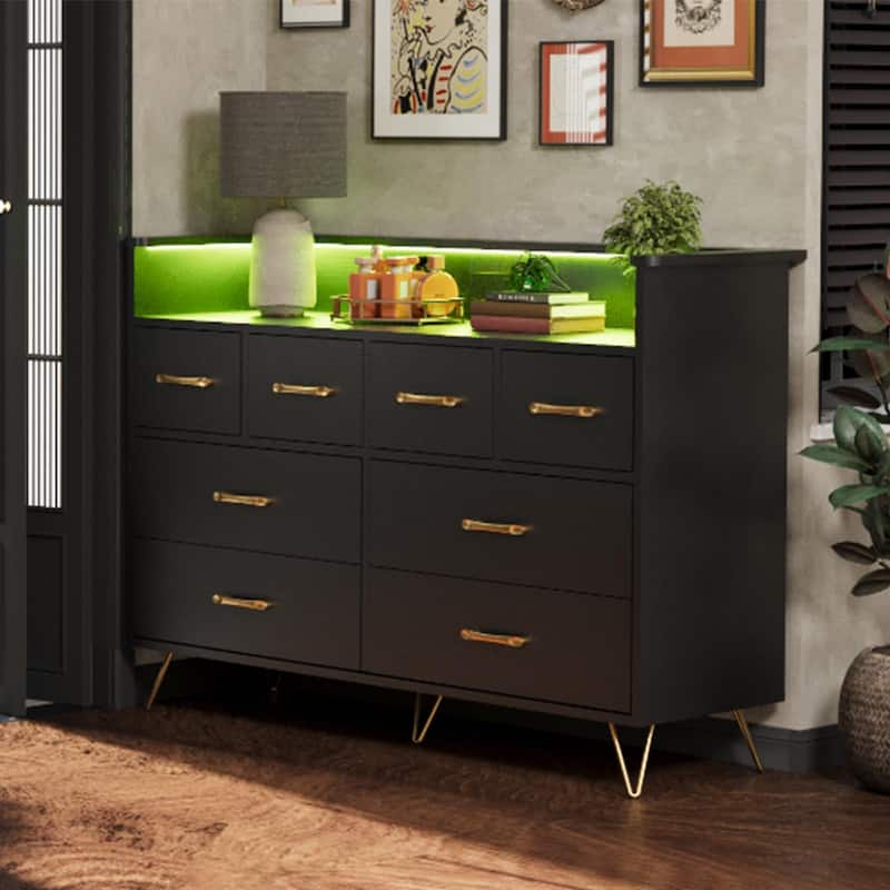 8 Drawer Dresser for Bedroom with LED Light, Charging Station & Open Shelf
